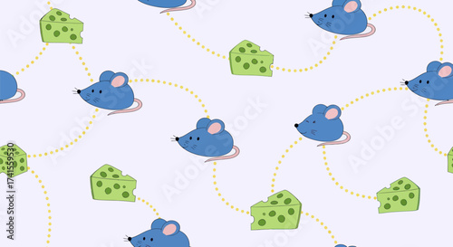 Cartoon mice follow dotted trails to swiss cheese on lilac backdrop