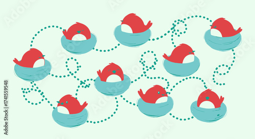 Red birds in blue nests, connected by dotted trails