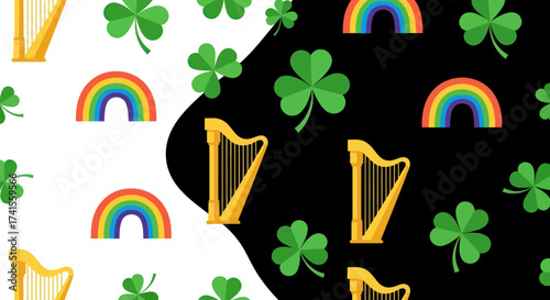 Irish pattern harps, clovers, rainbows on split background