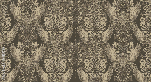 Symmetrical avian motif pattern, ornate and vintage style
