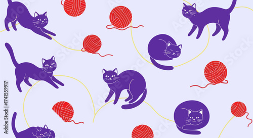 Playful purple cats with red yarn balls on a light purple backdrop