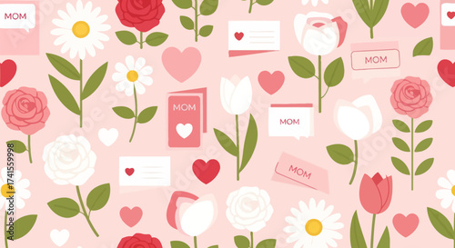 Floral background featuring 'mom' & hearts on soft pink