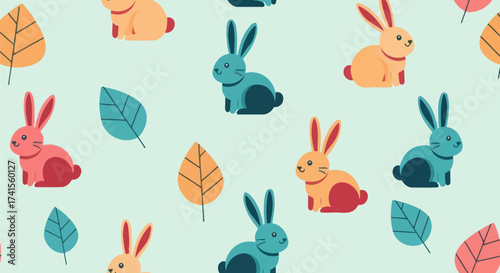 Colorful bunny & leaf pattern on a pale blue background