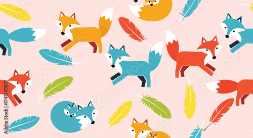 Colorful, geometric fox and feather pattern on light pink background