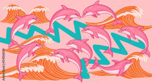 Cartoon pink dolphins swim among waves and zig-zagging teal lines