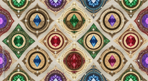 Gemstones set in ornate, earthy-toned circular frames, pattern repeats diagonally