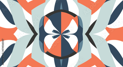 Symmetrical geometric composition of shapes in shades of blue, orange, grey and white