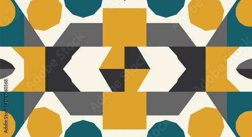 Symmetrical abstract of geometric shapes circles, squares, triangles, in mustard, teal, gray, black, off-white