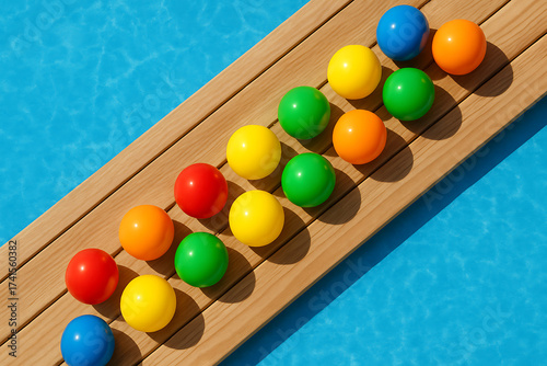 Vibrant multicolored balls aligned on wooden deck above blue water surface representing summer fun design and joyful minimal style