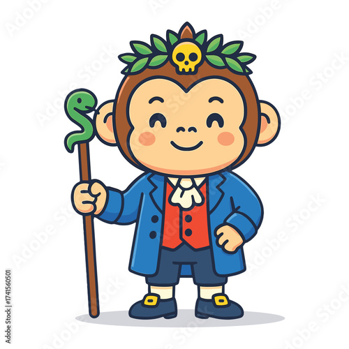 Cute anthropomorphic cartoon monkey dressed as a noble or sorcerer, holding a snake staff and wearing a laurel wreath with a skull.