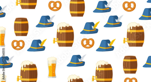 Seamless pattern with Oktoberfest icons beer barrels, blue hats, pretzels and glasses with beer