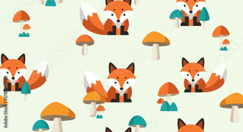 Fox, mushroom pattern. Flat illustration on light green background