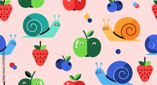 Pattern of smiling snails, apples, strawberries, blueberries on pink