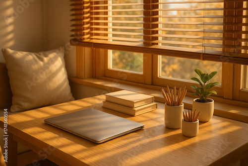 Warm minimalist home office interior with wooden desk, books, plants and sunlight streaming through blinds in golden glow