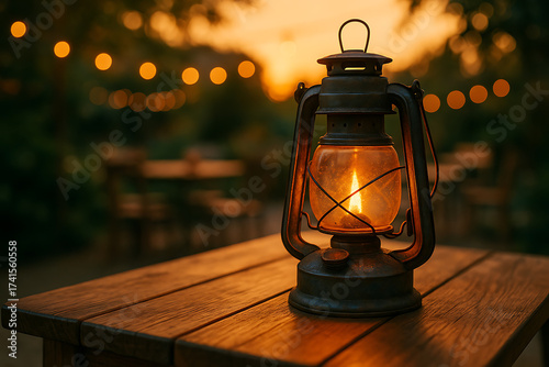 Vintage oil lantern glowing warmly on rustic wooden table outdoors during sunset with blurred golden fairy lights
