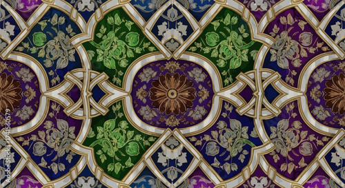 Ornate floral pattern in geometric panels, framed in silver and gold