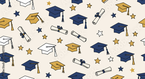 Graduation pattern mortarboards, diplomas, and stars on a light beige background