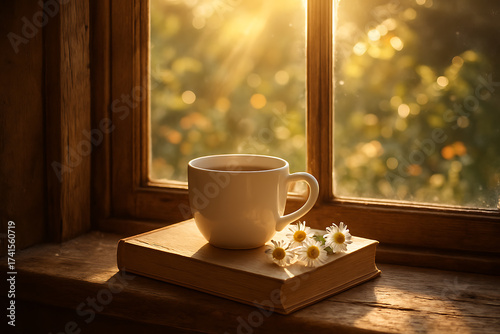 Warm morning sunlight shining through window onto white coffee cup resting on old book with chamomile flowers cozy vibe
