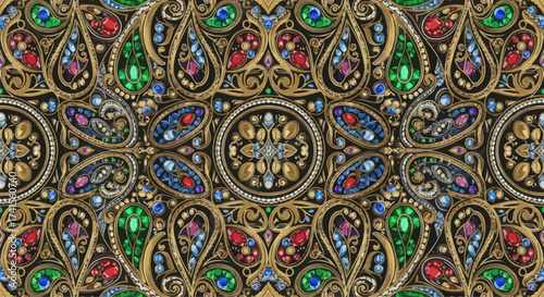 Ornate pattern of jewels in gold swirls on a dark ground