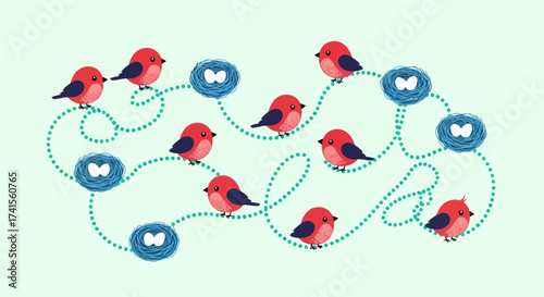 Birds and nests follow a dotted line on a light green background