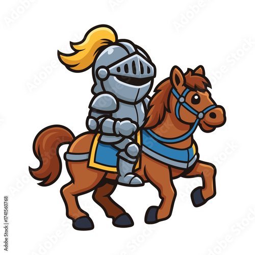 Cute cartoon knight in full metal armor with a yellow plume, riding a brown horse on a white background.