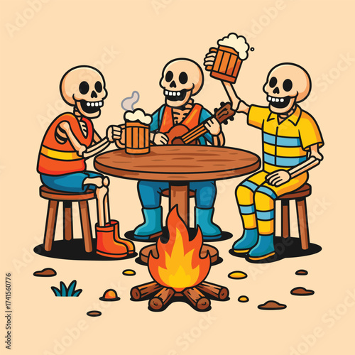 Three friendly cartoon skeletons drinking beer and playing ukulele around a campfire.
