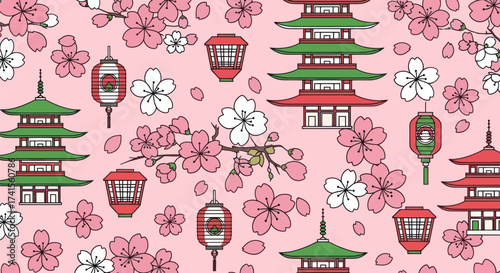 Illustrated pattern of Japanese pagodas, lanterns, and cherry blossoms on pink background