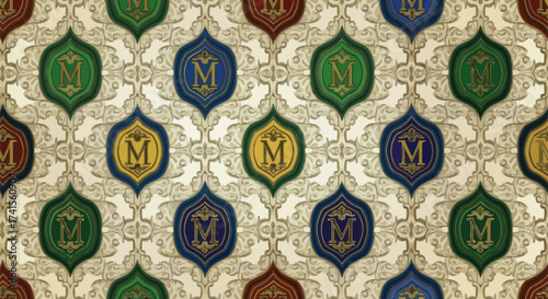 Letter "M" in ornate shields on swirling floral background