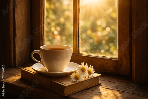 White tea cup on vintage book by window with daisies and warm golden sunlight cozy morning relaxation concept