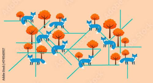 Stylized foxes and trees atop turquoise lines on peach