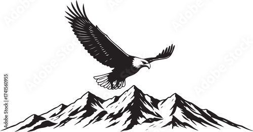 black vector of soaring eagle over mountain in silhouette 