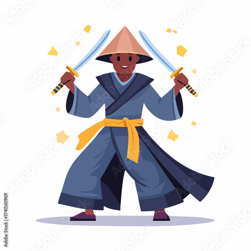 Samurai warrior with swords with transparent background