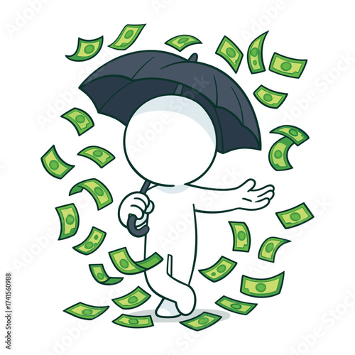 Simple white cartoon character holding a black umbrella while green dollar bills rain down, symbolizing wealth, success, and financial abundance.