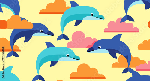 Repeating pattern with stylized dolphins & clouds on yellow backdrop