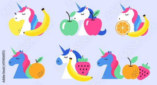 Cartoon unicorns with fruit, set against a lavender background