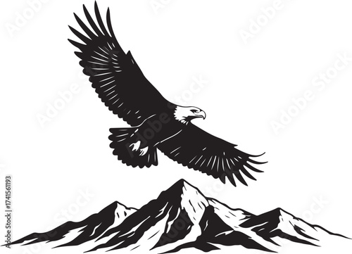 black vector of soaring eagle over mountain in silhouette 