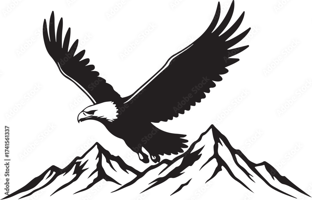 Fototapeta premium black vector of soaring eagle over mountain in silhouette 