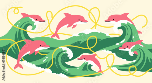 Pink dolphins leap over green waves, joined by a looped yellow line
