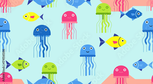 Colorful marine life pattern; cartoon fishes and jellyfishes on light blue background
