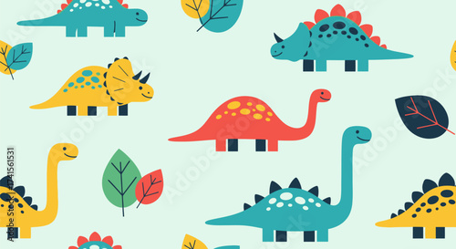 Dinosaur pattern assorted color dinosaurs, various plants on light green