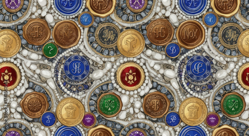 Ornate arrangement of colorful wax seals and pearls on a textured backdrop