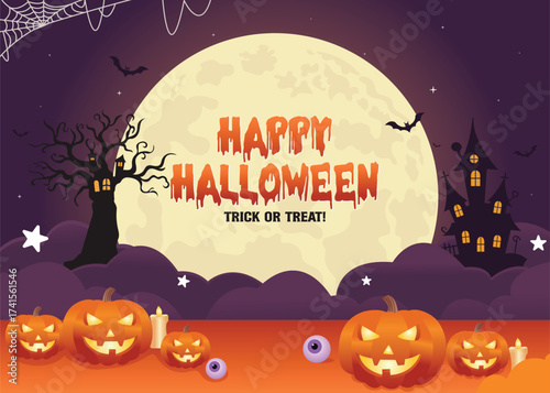 Happy Halloween invitation banner vector with spooky typography, ghost, and jack o lantern in a haunted yard scene, perfect for trick or treat night celebration and party design.