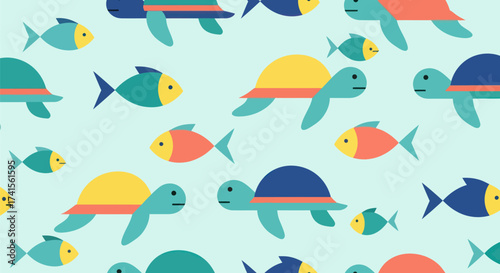 Flat design pattern of turtles and fish on light blue background