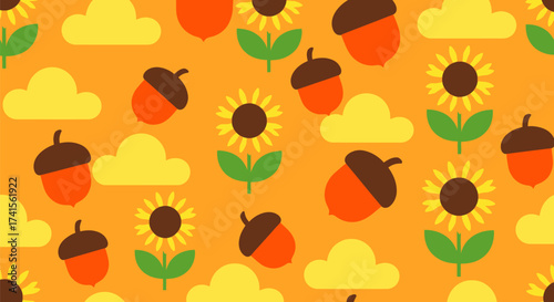 Autumnal pattern of stylized sunflowers, acorns, and clouds on gold