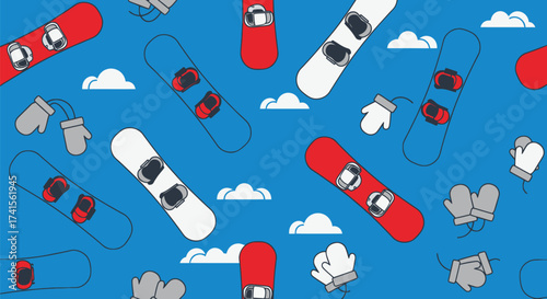 Snowboard pattern with snowboards, mittens, and white clouds on blue