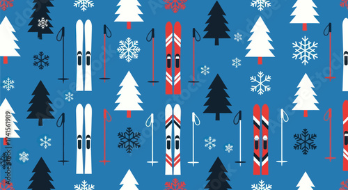 Winter pattern with skis, poles, trees, snowflakes on a blue background