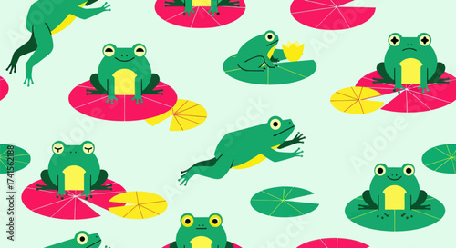 Cute frog pattern. Green, yellow, red lily pads, mint backdrop