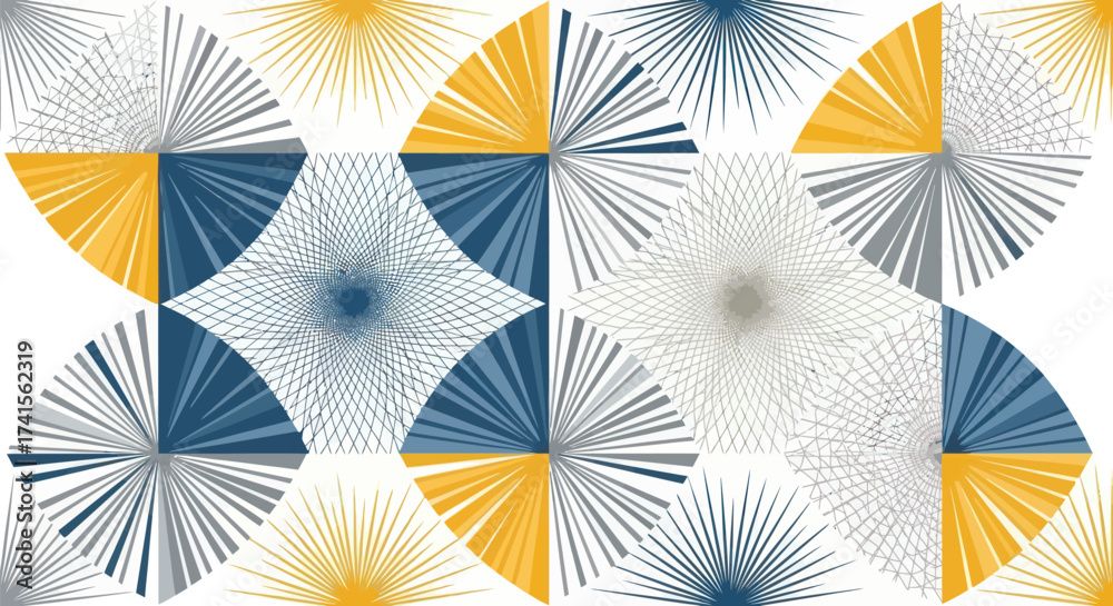Abstract geometric pattern of radiating shapes in gold, blue, and gray on white