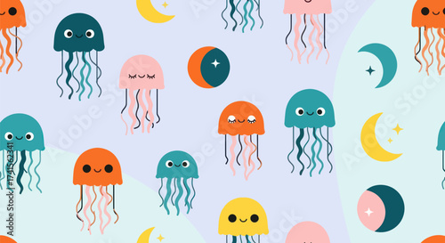 Whimsical jellyfish & moon pattern on pale blue backdrop