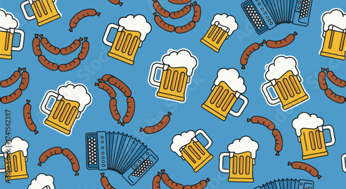 Fun pattern of beer mugs, sausages, accordions on light blue